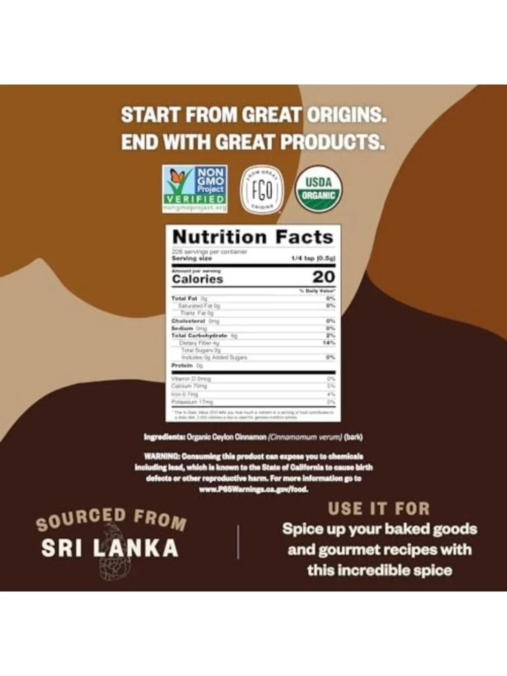 Organic Ceylon Cinnamon Powder 16oz - Pure Spice for Baking, Cooking & Drinks